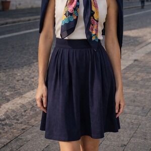 Dani Max Navy Blue Pleated Midi Skirt Vintage High Waisted Made in USA Size 8